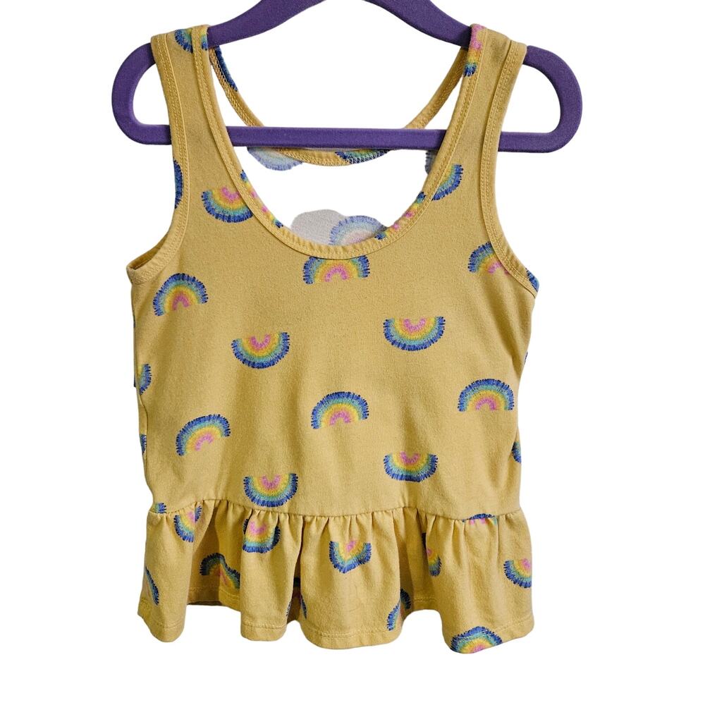 Girls Size M Pastel Yellow Peplum Ruffle Tank Top Rainbow Print Preppy